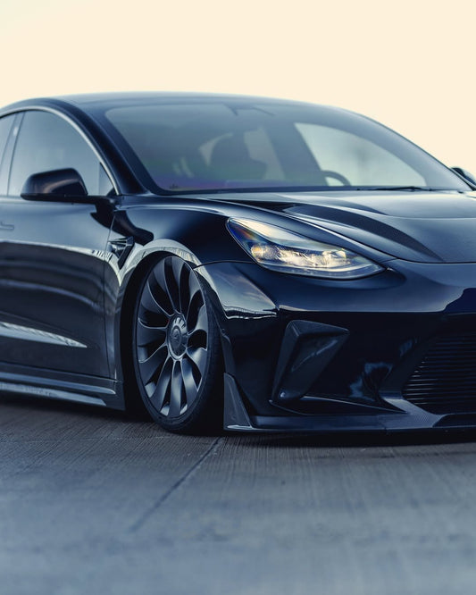 Tesla Model 3 Performance Long Range Standard Base 2017 2018 2019 2020 2021 2022 2023 with Aftermarket Parts - "HACKER" Narrow Body Front Bumper & Front Splitter Carbon Fiber / FRP from Robot Craftsman
