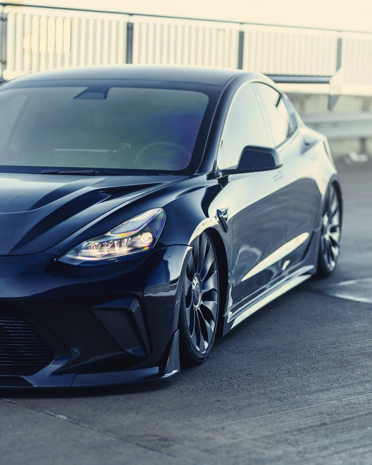 Tesla Model 3 Performance Long Range Standard Base 2017 2018 2019 2020 2021 2022 2023 with Aftermarket Parts - "HACKER" Narrow Body Front Bumper & Front Splitter Carbon Fiber / FRP from Robot Craftsman