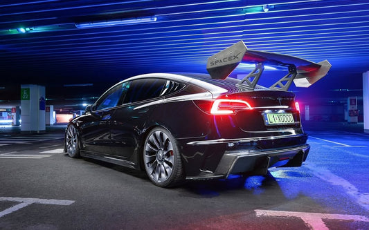 Tesla Model 3 Performance Long Range Standard Base 2017 2018 2019 2020 2021 2022 2023 with Aftermarket Parts - "Hacker" V2 GT Rear Spoiler Wing Carbon Fiber / FRP from Robot Craftsman