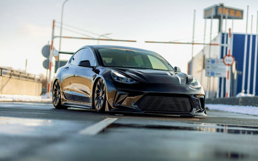 Tesla Model 3 Performance Long Range Standard Base 2017 2018 2019 2020 2021 2022 2023 with Aftermarket Parts - "HACKER" Narrow Body Front Bumper & Front Splitter Carbon Fiber / FRP from Robot Craftsman