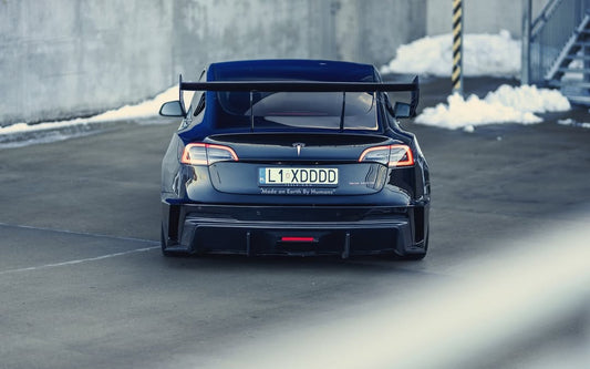 Tesla Model 3 Performance Long Range Standard Base 2017 2018 2019 2020 2021 2022 2023 with Aftermarket Parts - "Hacker" V2 GT Rear Spoiler Wing Carbon Fiber / FRP from Robot Craftsman