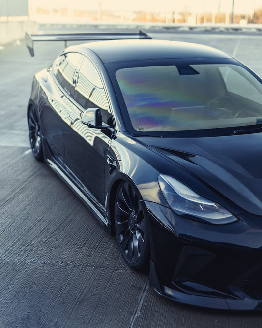 Tesla Model 3 Performance Long Range Standard Base 2017 2018 2019 2020 2021 2022 2023 with Aftermarket Parts - "Hacker" Narrow Body Side Skirts Carbon Fiber / FRP from Robot Craftsman