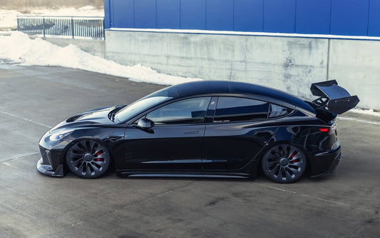 Tesla Model 3 Performance Long Range Standard Base 2017 2018 2019 2020 2021 2022 2023 with Aftermarket Parts - "Hacker" V2 GT Rear Spoiler Wing Carbon Fiber / FRP from Robot Craftsman