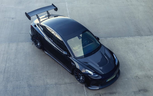 Tesla Model 3 Performance Long Range Standard Base 2017 2018 2019 2020 2021 2022 2023 with Aftermarket Parts - "Hacker" V2 GT Rear Spoiler Wing Carbon Fiber / FRP from Robot Craftsman