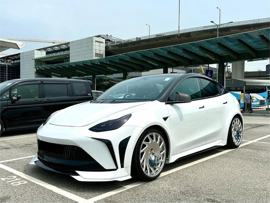 Tesla Model Y Performance AWD Long Range RWD Standard 2020 2021 2023 2024 with Aftermarket Parts - "STARSHIP" Stage 1 Corner Lip (2 pcs) & Stage 2 Corner Lip (4 pcs) & Front Bumper Carbon Fiber / FRP / PP from Robot Craftsman