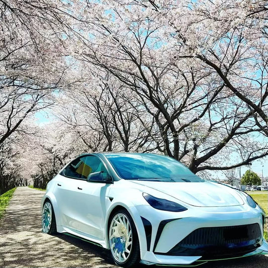 Tesla Model Y Performance AWD Long Range RWD Standard 2020 2021 2023 2024 with Aftermarket Parts - "STARSHIP" Stage 1 Corner Lip (2 pcs) & Stage 2 Corner Lip (4 pcs) & Front Bumper Carbon Fiber / FRP / PP from Robot Craftsman