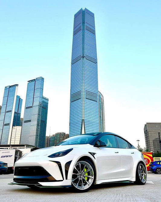 Tesla Model Y Performance AWD Long Range RWD Standard 2020 2021 2023 2024 with Aftermarket Parts - "STARSHIP" Stage 1 Corner Lip (2 pcs) & Stage 2 Corner Lip (4 pcs) & Front Bumper Carbon Fiber / FRP / PP from Robot Craftsman