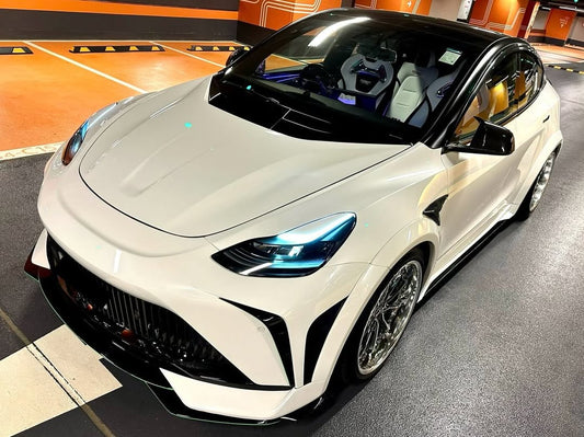 Tesla Model Y Performance AWD Long Range RWD Standard 2020 2021 2023 2024 with Aftermarket Parts - "STARSHIP" Stage 1 Corner Lip (2 pcs) & Stage 2 Corner Lip (4 pcs) & Front Bumper Carbon Fiber / FRP / PP from Robot Craftsman