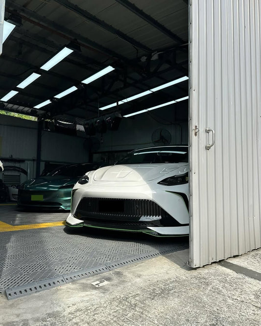 Tesla Model Y Performance AWD Long Range RWD Standard 2020 2021 2023 2024 with Aftermarket Parts - "STARSHIP" Stage 1 Corner Lip (2 pcs) & Stage 2 Corner Lip (4 pcs) & Front Bumper Carbon Fiber / FRP / PP from Robot Craftsman
