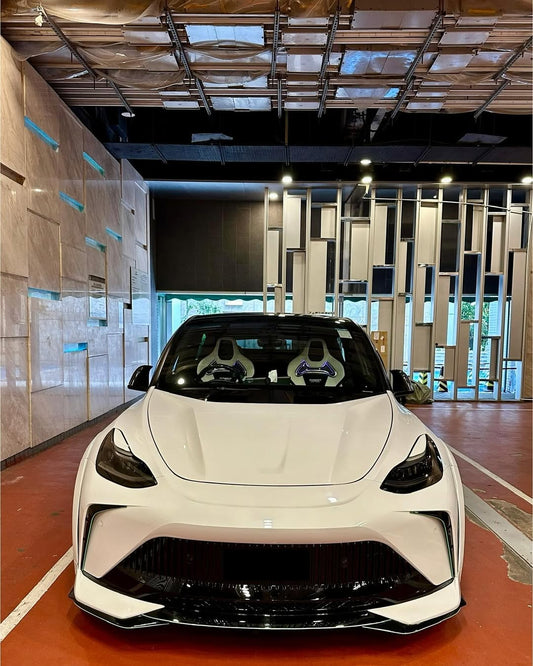 Tesla Model Y Performance AWD Long Range RWD Standard 2020 2021 2023 2024 with Aftermarket Parts - "STARSHIP" Stage 1 Corner Lip (2 pcs) & Stage 2 Corner Lip (4 pcs) & Front Bumper Carbon Fiber / FRP / PP from Robot Craftsman