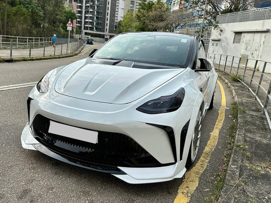 Tesla Model Y Performance AWD Long Range RWD Standard 2020 2021 2023 2024 with Aftermarket Parts - "STARSHIP" Stage 1 Corner Lip (2 pcs) & Stage 2 Corner Lip (4 pcs) & Front Bumper Carbon Fiber / FRP / PP from Robot Craftsman