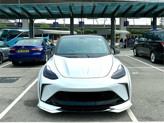 Tesla Model Y Performance AWD Long Range RWD Standard 2020 2021 2023 2024 with Aftermarket Parts - "STARSHIP" Stage 1 Corner Lip (2 pcs) & Stage 2 Corner Lip (4 pcs) & Front Bumper Carbon Fiber / FRP / PP from Robot Craftsman