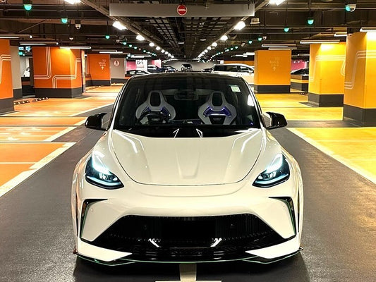 Tesla Model Y Performance AWD Long Range RWD Standard 2020 2021 2023 2024 with Aftermarket Parts - "STARSHIP" Stage 1 Corner Lip (2 pcs) & Stage 2 Corner Lip (4 pcs) & Front Bumper Carbon Fiber / FRP / PP from Robot Craftsman