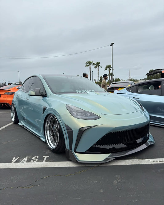 Tesla Model Y Performance AWD Long Range RWD Standard 2020 2021 2023 2024 with Aftermarket Parts - "STARSHIP" Stage 1 Corner Lip (2 pcs) & Stage 2 Corner Lip (4 pcs) & Front Bumper Carbon Fiber / FRP / PP from Robot Craftsman