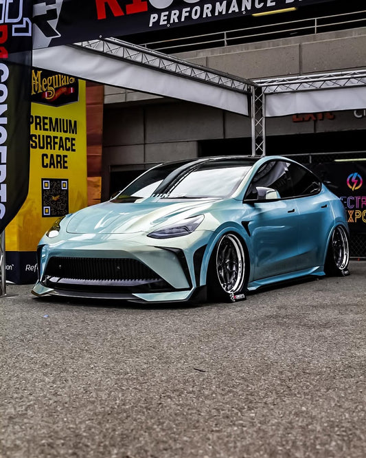 Tesla Model Y Performance AWD Long Range RWD Standard 2020 2021 2023 2024 with Aftermarket Parts - "STARSHIP" Stage 1 Corner Lip (2 pcs) & Stage 2 Corner Lip (4 pcs) & Front Bumper Carbon Fiber / FRP / PP from Robot Craftsman