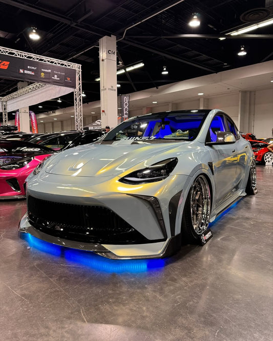 Tesla Model Y Performance AWD Long Range RWD Standard 2020 2021 2023 2024 with Aftermarket Parts - "STARSHIP" Stage 1 Corner Lip (2 pcs) & Stage 2 Corner Lip (4 pcs) & Front Bumper Carbon Fiber / FRP / PP from Robot Craftsman