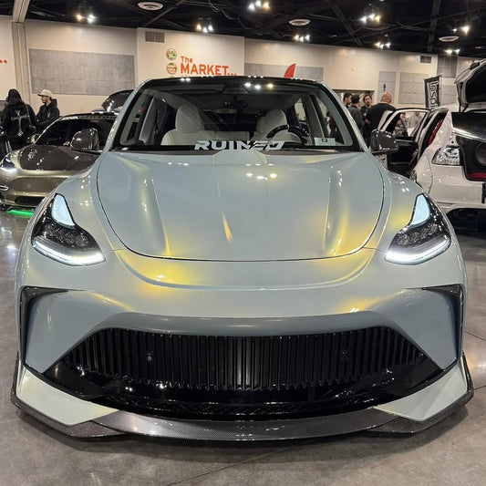 Tesla Model Y Performance AWD Long Range RWD Standard 2020 2021 2023 2024 with Aftermarket Parts - "STARSHIP" Stage 1 Corner Lip (2 pcs) & Stage 2 Corner Lip (4 pcs) & Front Bumper Carbon Fiber / FRP / PP from Robot Craftsman