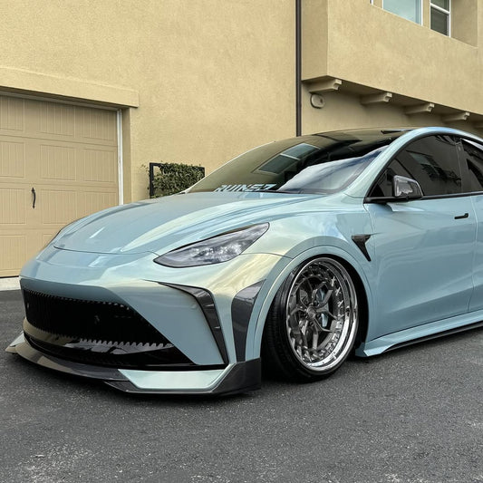 Tesla Model Y Performance AWD Long Range RWD Standard 2020 2021 2023 2024 with Aftermarket Parts - "STARSHIP" Stage 1 Corner Lip (2 pcs) & Stage 2 Corner Lip (4 pcs) & Front Bumper Carbon Fiber / FRP / PP from Robot Craftsman