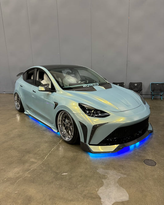 Tesla Model Y Performance AWD Long Range RWD Standard 2020 2021 2023 2024 with Aftermarket Parts - "STARSHIP" Stage 1 Corner Lip (2 pcs) & Stage 2 Corner Lip (4 pcs) & Front Bumper Carbon Fiber / FRP / PP from Robot Craftsman