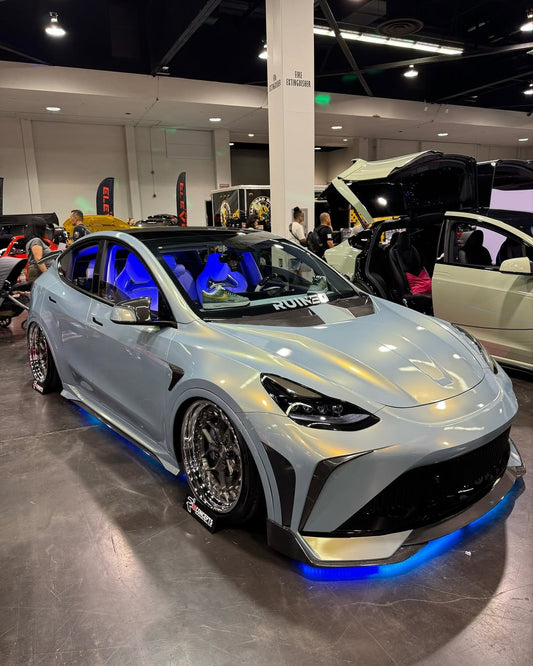 Tesla Model Y Performance AWD Long Range RWD Standard 2020 2021 2023 2024 with Aftermarket Parts - "STARSHIP" Stage 1 Corner Lip (2 pcs) & Stage 2 Corner Lip (4 pcs) & Front Bumper Carbon Fiber / FRP / PP from Robot Craftsman
