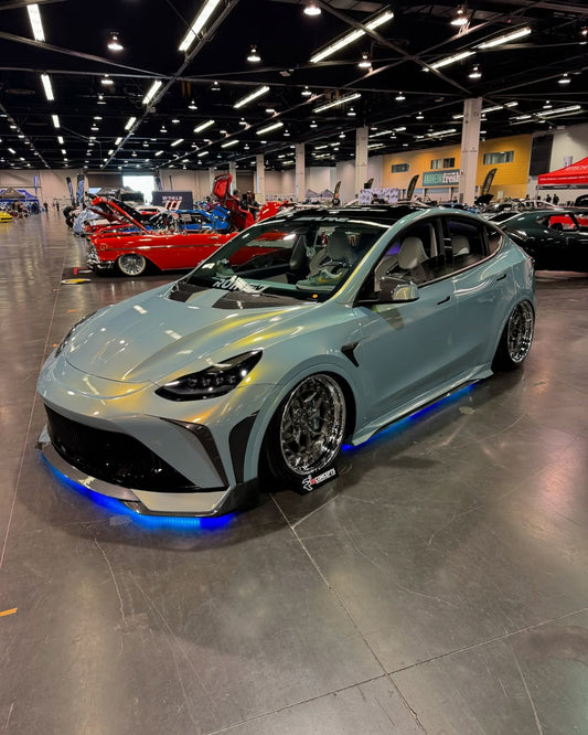 Tesla Model Y Performance AWD Long Range RWD Standard 2020 2021 2023 2024 with Aftermarket Parts - "STARSHIP" Stage 1 Corner Lip (2 pcs) & Stage 2 Corner Lip (4 pcs) & Front Bumper Carbon Fiber / FRP / PP from Robot Craftsman