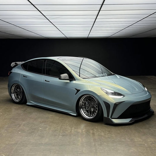 Tesla Model Y Performance AWD Long Range RWD Standard 2020 2021 2023 2024 with Aftermarket Parts - "STARSHIP" Stage 1 Corner Lip (2 pcs) & Stage 2 Corner Lip (4 pcs) & Front Bumper Carbon Fiber / FRP / PP from Robot Craftsman