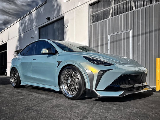 Tesla Model Y Performance AWD Long Range RWD Standard 2020 2021 2023 2024 with Aftermarket Parts - "STARSHIP" Stage 1 Corner Lip (2 pcs) & Stage 2 Corner Lip (4 pcs) & Front Bumper Carbon Fiber / FRP / PP from Robot Craftsman