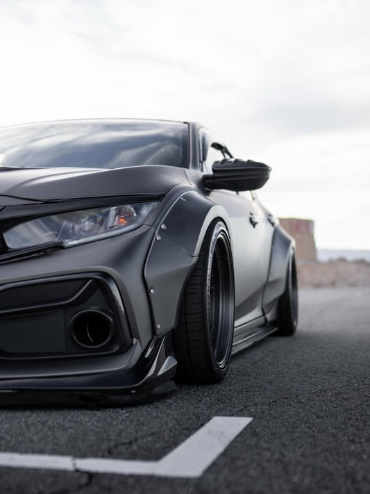 Honda Civic 10th Gen FC1 FC2 FC5 FC6 2016 2017 2018 2019 2020 2021 & Civic 10th Gen FK7 2017 2018 2019 2020 2021 (compatible with both OEM bumper and ROBOT CRAFTSMAN bumper, fits FK7 Hatchback although panel line is slightly different) with Aftermarket Parts - Widebody Wheel Arches Fender Flares Carbon Fiber / FRP from Robot Craftsman