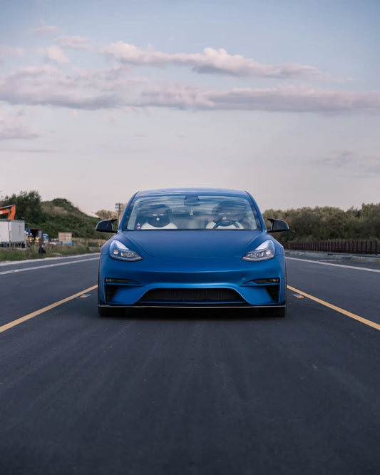Tesla Model 3 Performance Long Range Standard Base 2017 2018 2019 2020 2021 2022 2023 with Aftermarket Parts - Crypton Front Bumper & Lip Carbon Fiber / FRP from Robot Craftsman