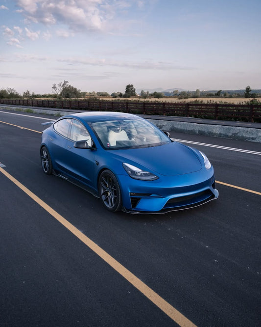Tesla Model 3 Performance Long Range Standard Base 2017 2018 2019 2020 2021 2022 2023 with Aftermarket Parts - Crypton Front Bumper & Lip Carbon Fiber / FRP from Robot Craftsman