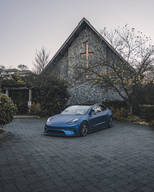 Tesla Model 3 Performance Long Range Standard Base 2017 2018 2019 2020 2021 2022 2023 with Aftermarket Parts - Crypton Front Bumper & Lip Carbon Fiber / FRP from Robot Craftsman