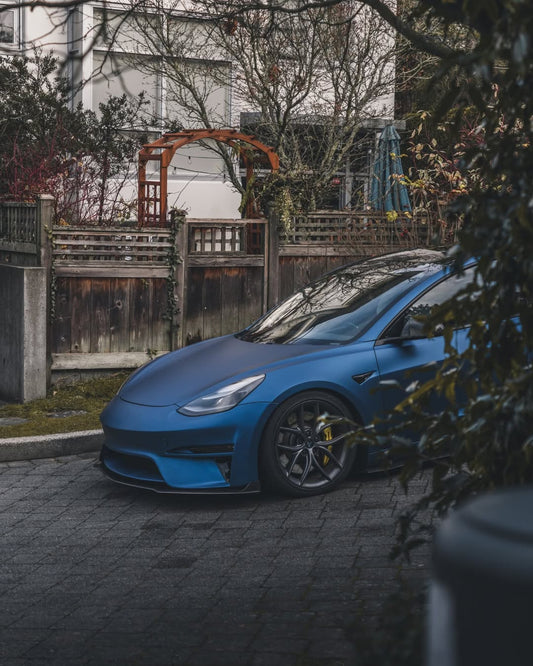 Tesla Model 3 Performance Long Range Standard Base 2017 2018 2019 2020 2021 2022 2023 with Aftermarket Parts - Crypton Front Bumper & Lip Carbon Fiber / FRP from Robot Craftsman