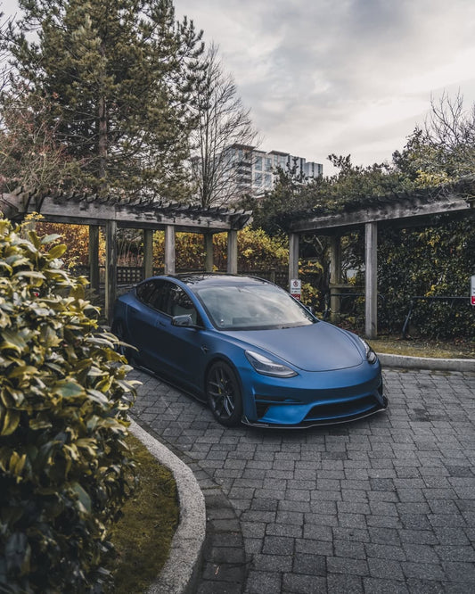 Tesla Model 3 Performance Long Range Standard Base 2017 2018 2019 2020 2021 2022 2023 with Aftermarket Parts - Crypton Front Bumper & Lip Carbon Fiber / FRP from Robot Craftsman