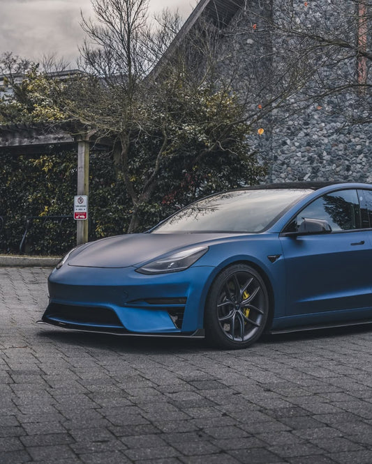 Tesla Model 3 Performance Long Range Standard Base 2017 2018 2019 2020 2021 2022 2023 with Aftermarket Parts - Crypton Front Bumper & Lip Carbon Fiber / FRP from Robot Craftsman