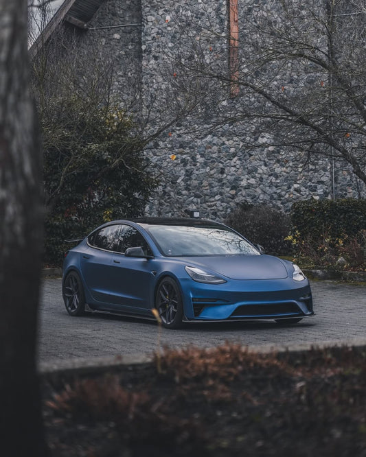 Tesla Model 3 Performance Long Range Standard Base 2017 2018 2019 2020 2021 2022 2023 with Aftermarket Parts - Crypton Front Bumper & Lip Carbon Fiber / FRP from Robot Craftsman