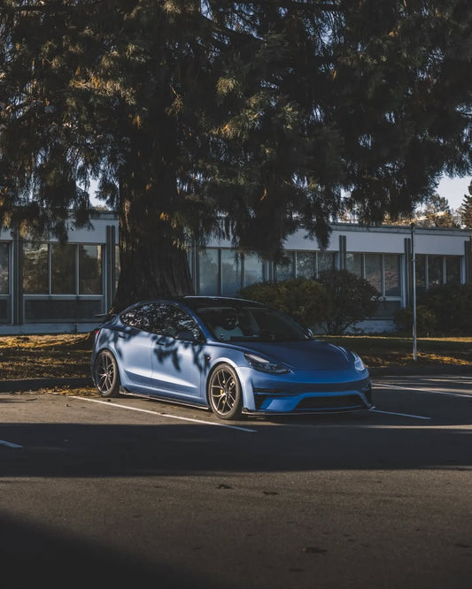 Tesla Model 3 Performance Long Range Standard Base 2017 2018 2019 2020 2021 2022 2023 with Aftermarket Parts - Crypton Front Bumper & Lip Carbon Fiber / FRP from Robot Craftsman