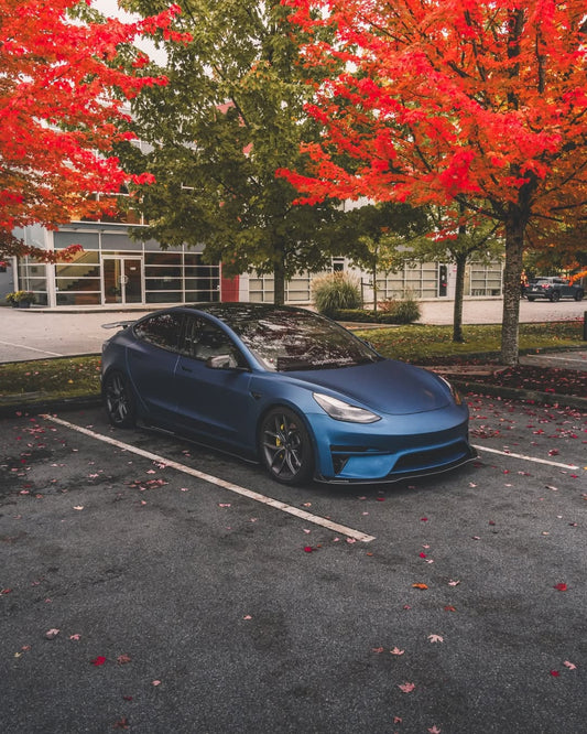 Tesla Model 3 Performance Long Range Standard Base 2017 2018 2019 2020 2021 2022 2023 with Aftermarket Parts - Crypton Front Bumper & Lip Carbon Fiber / FRP from Robot Craftsman