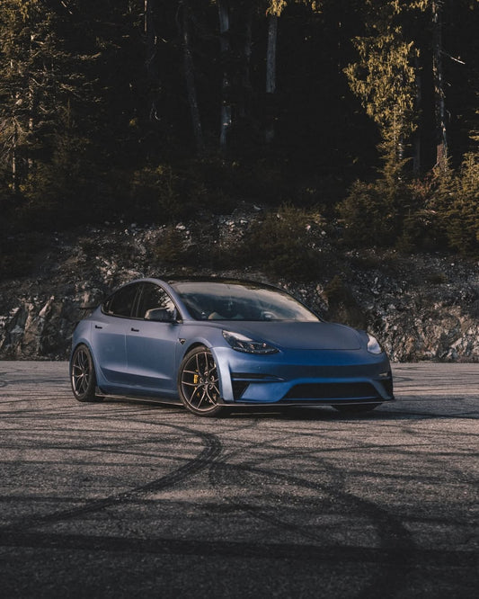 Tesla Model 3 Performance Long Range Standard Base 2017 2018 2019 2020 2021 2022 2023 with Aftermarket Parts - Crypton Front Bumper & Lip Carbon Fiber / FRP from Robot Craftsman