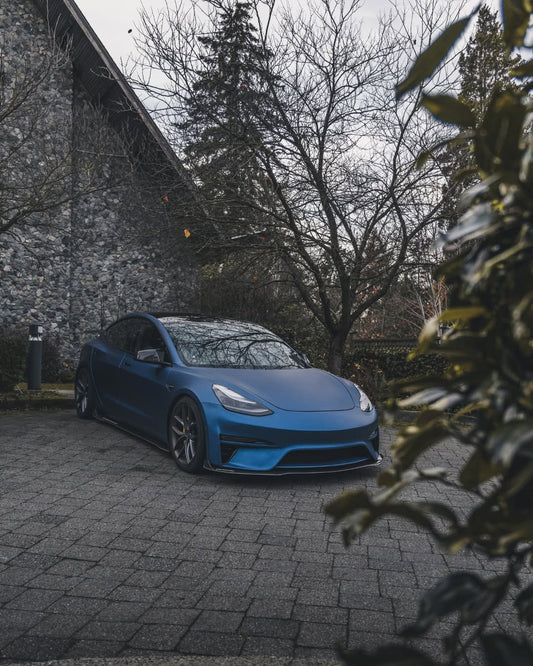 Tesla Model 3 Performance Long Range Standard Base 2017 2018 2019 2020 2021 2022 2023 with Aftermarket Parts - Crypton Front Bumper & Lip Carbon Fiber / FRP from Robot Craftsman