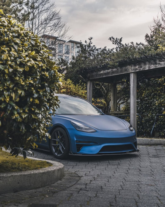 Tesla Model 3 Performance Long Range Standard Base 2017 2018 2019 2020 2021 2022 2023 with Aftermarket Parts - Crypton Front Bumper & Lip Carbon Fiber / FRP from Robot Craftsman