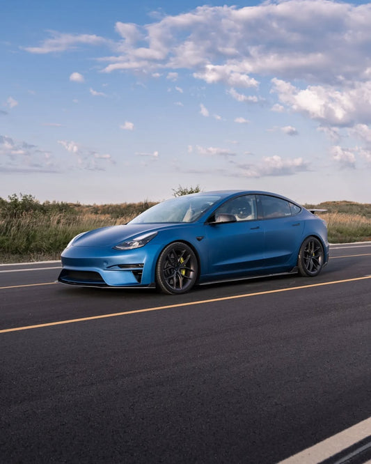 Tesla Model 3 Performance Long Range Standard Base 2017 2018 2019 2020 2021 2022 2023 with Aftermarket Parts - Crypton Front Bumper & Lip Carbon Fiber / FRP from Robot Craftsman