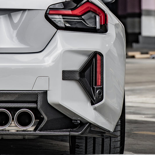 BMW M2 M2C G87 2023 2024 with Aftermarket Parts - Rear Bumper Side Attachment Valence Trim?Carbon Fiber from SOOQOO USA
