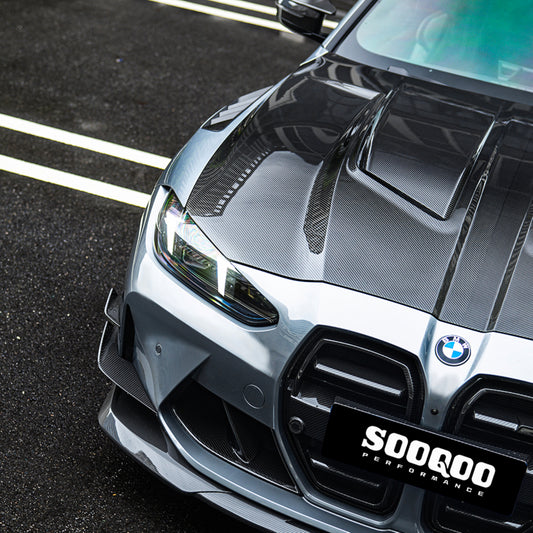 BMW M3 / M3C G80 G81 & M4 / M4C G82 G83 2021-ON with Aftermarket Parts - Hood Bonnet Dry Pre-preg Carbon Fiber from SOOQOO USA
