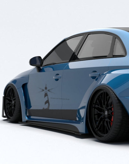 Audi RS3 8V.5 2018 2019 2020 with Aftermarket Parts - Side Skirts & Side Skirts Extentions Carbon Fiber / FRP from SPECTER PLUS