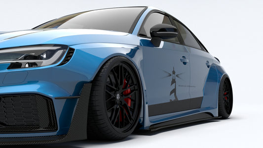 Audi RS3 8V.5 2018 2019 2020 with Aftermarket Parts - Side Skirts & Side Skirts Extentions Carbon Fiber / FRP from SPECTER PLUS