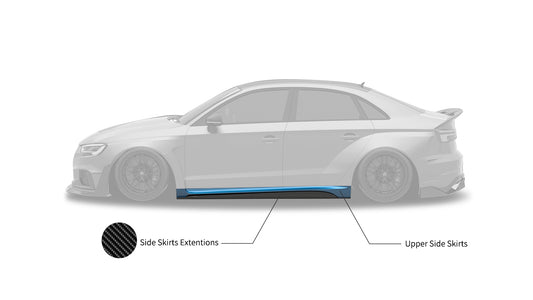 Audi RS3 8V.5 2018 2019 2020 with Aftermarket Parts - Side Skirts & Side Skirts Extentions Carbon Fiber / FRP from SPECTER PLUS
