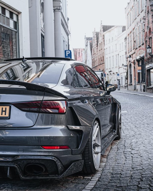 Audi RS3 8V.5 2018 2019 2020 with Aftermarket Parts - Side Skirts & Side Skirts Extentions Carbon Fiber / FRP from SPECTER PLUS