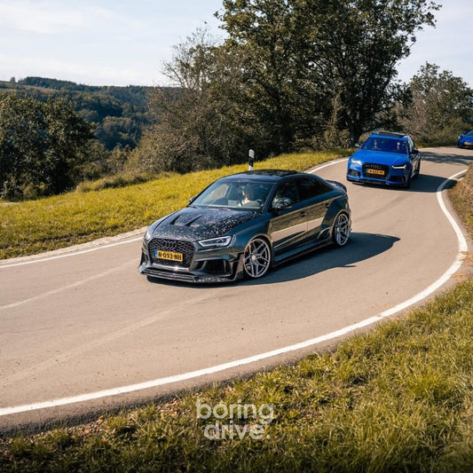 Audi RS3 8V.5 2018 2019 2020 with Aftermarket Parts - Side Skirts & Side Skirts Extentions Carbon Fiber / FRP from SPECTER PLUS