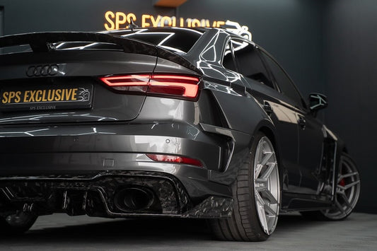 Audi RS3 S3 A3 8V/8V.5 2014 2015 2016 2017 2018 2019 2020 with Aftermarket Parts - Widebody Rear Quarter Panel Flares Carbon Fiber / FRP from SPECTER PLUS