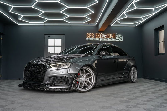 Audi RS3 8V.5 2018 2019 2020 with Aftermarket Parts - Side Skirts & Side Skirts Extentions Carbon Fiber / FRP from SPECTER PLUS